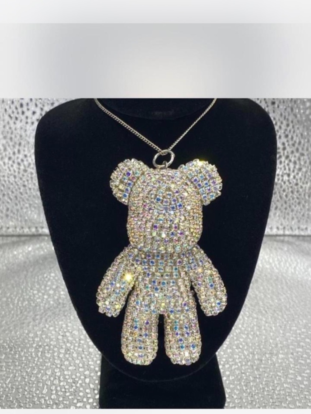 ^^^ Iced 3d 3” Crystal Teddy Bear Pendant Necklace - Iridescent Rhinestones ^^^